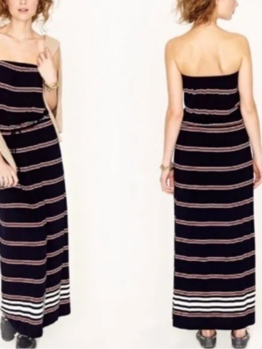 J.CREW Women's Amie Strapless Stripe Knit Maxi Dress Navy Blue White. Size XS